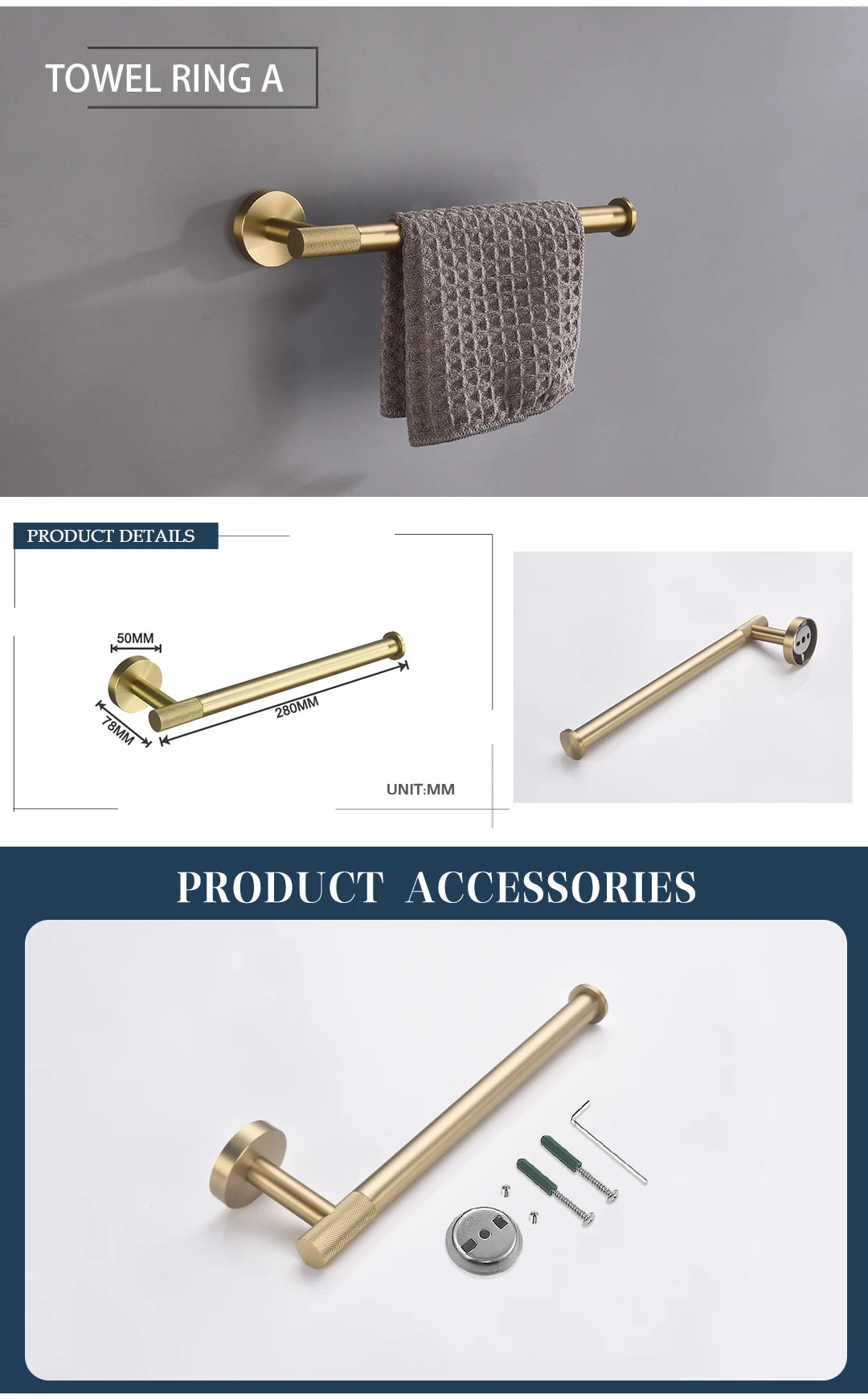 Bathroom Hardware Brushed Gold Knurled Brass Kit Towel