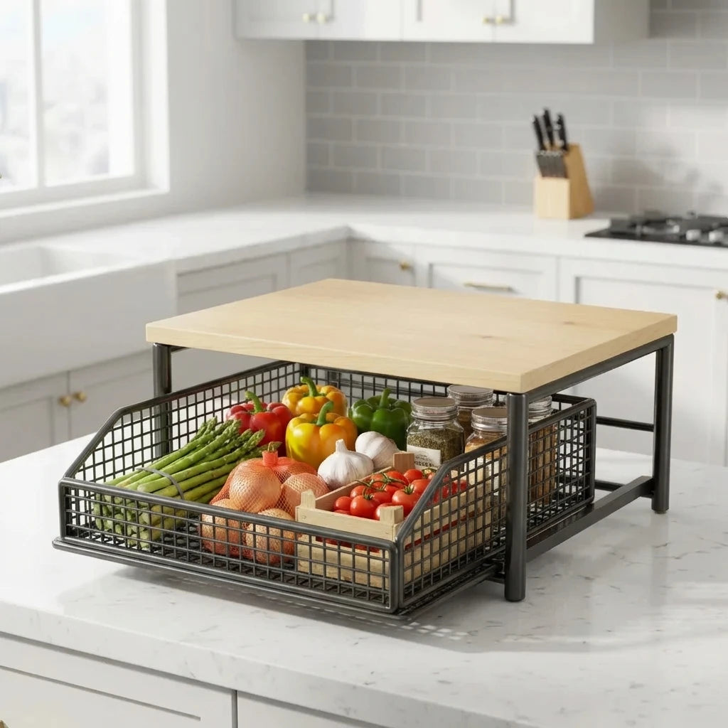 2-Tier Organizer Rack Sliding Drawer Metal Microwave Stand