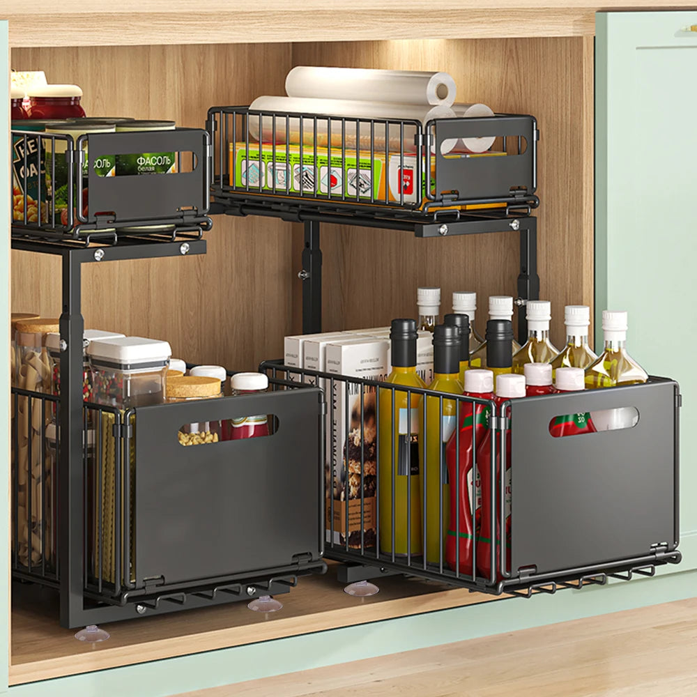 2-Tier Pull Out Cabinet Organizer Adjustable Height Sliding