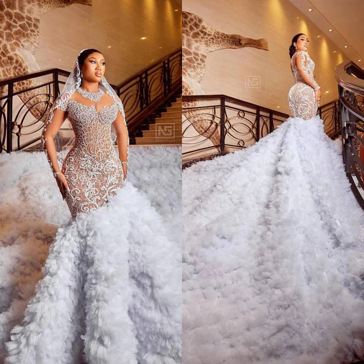Exquisite Lace Mermaid Wedding Dresses Shine Crystal Lllusion