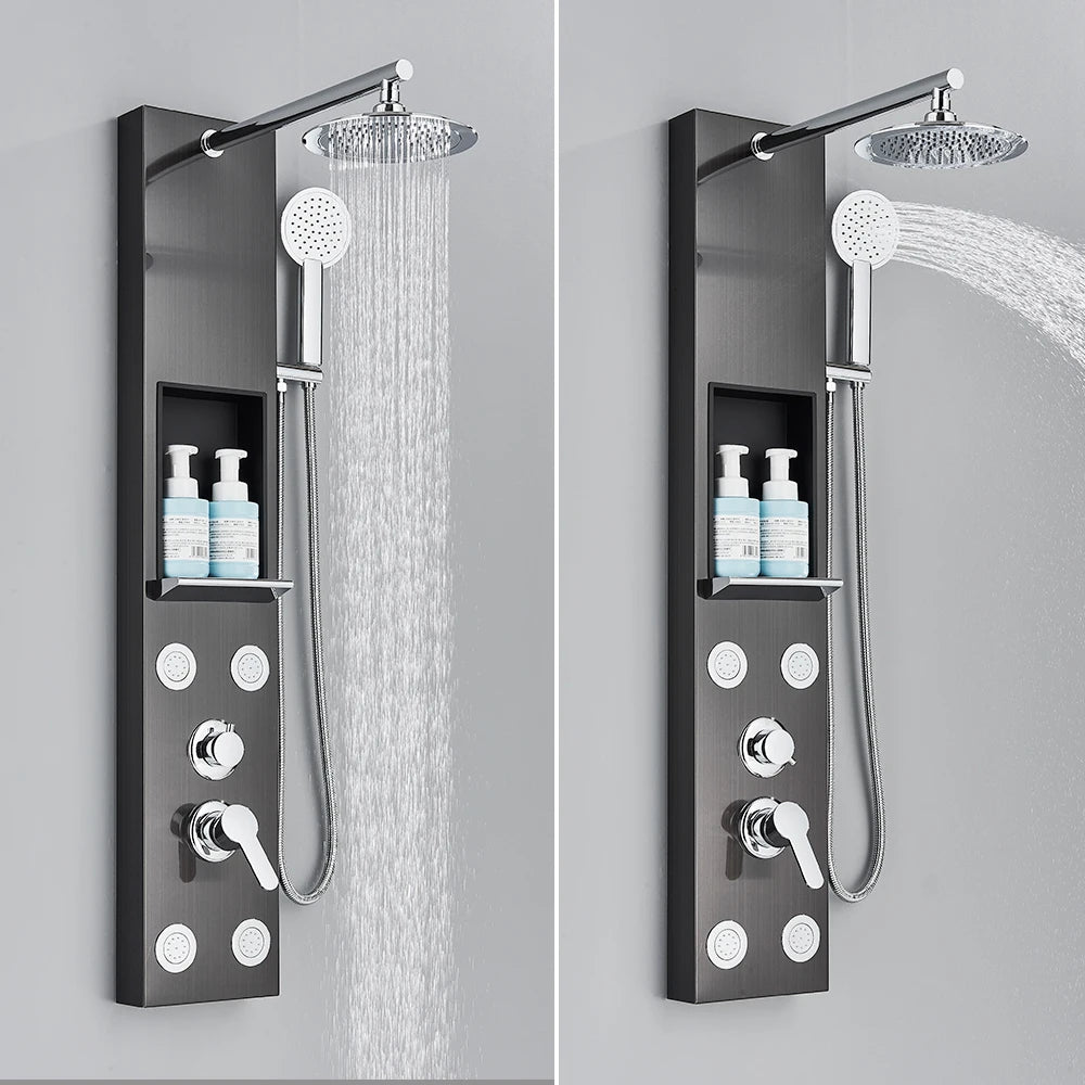 Black Shower Panel Storage Rack Rainfall Shower Faucet
