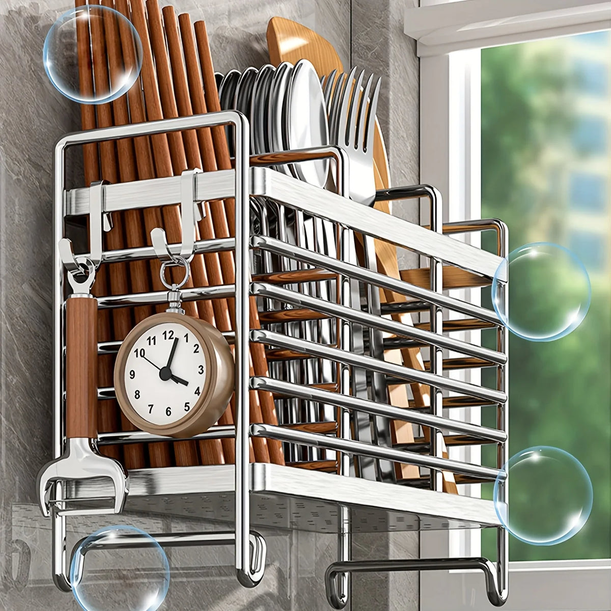 No-Drill Wall Mount Utensil Holder Stainless Steel Organizer