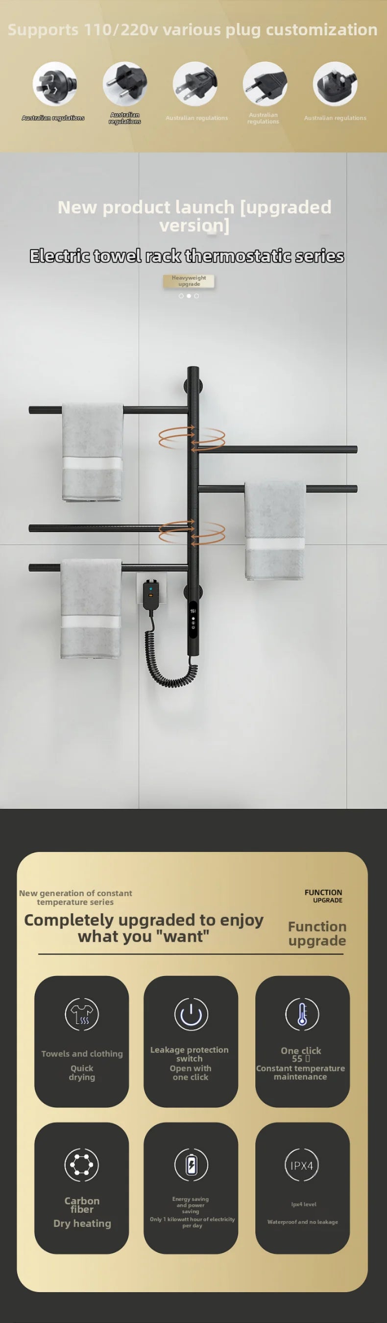 Electric Heated Towel Rack Rotating Bathroom Wall Mounted