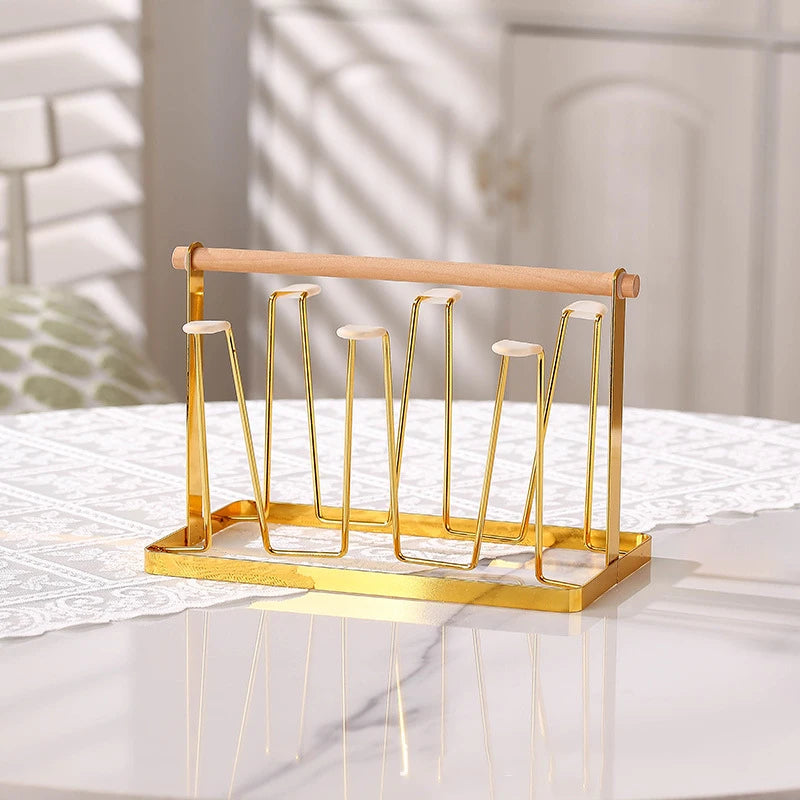 6-Cup Glass Cup Drying Rack Wooden Handle Countertop