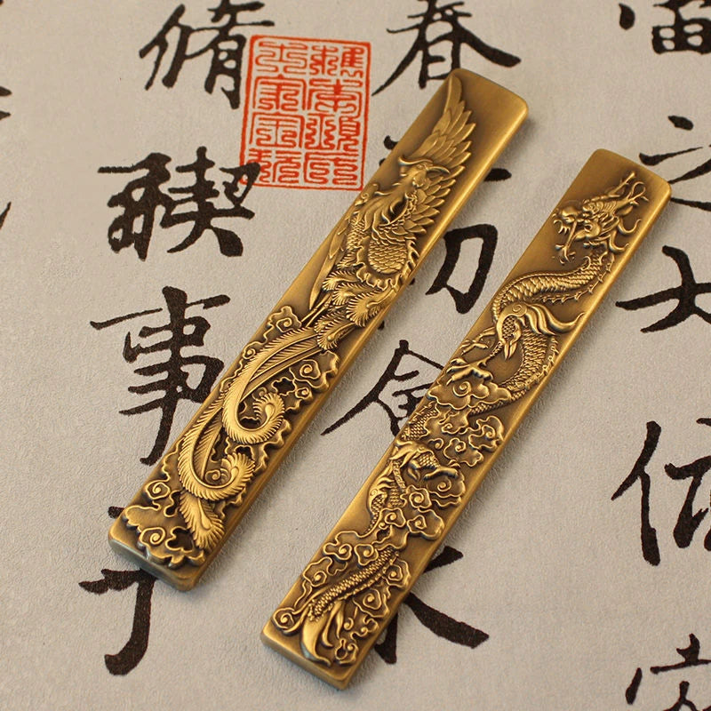 Chinese Style Brass Paperweight Antique Hand Painting Calligraphy
