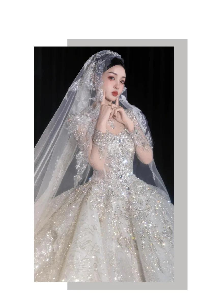 Full Sleeve Wedding Dresses Shinny Wedding Dress Classic