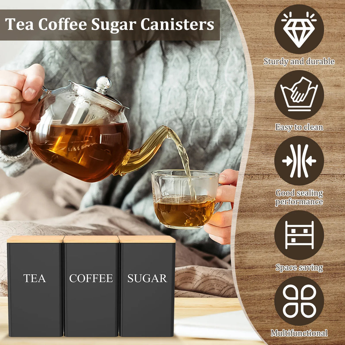 3pcs Coffee Bean Tea Sugar Jars Vacuum Sealed