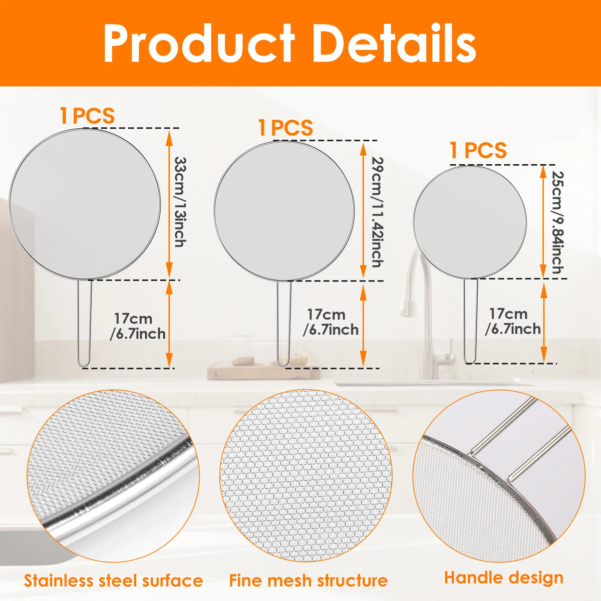 3pcs Stainless Steel Anti Splatter Guard Oil Net