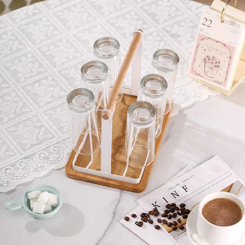 6-Cup Glass Cup Drying Rack Wooden Handle Countertop
