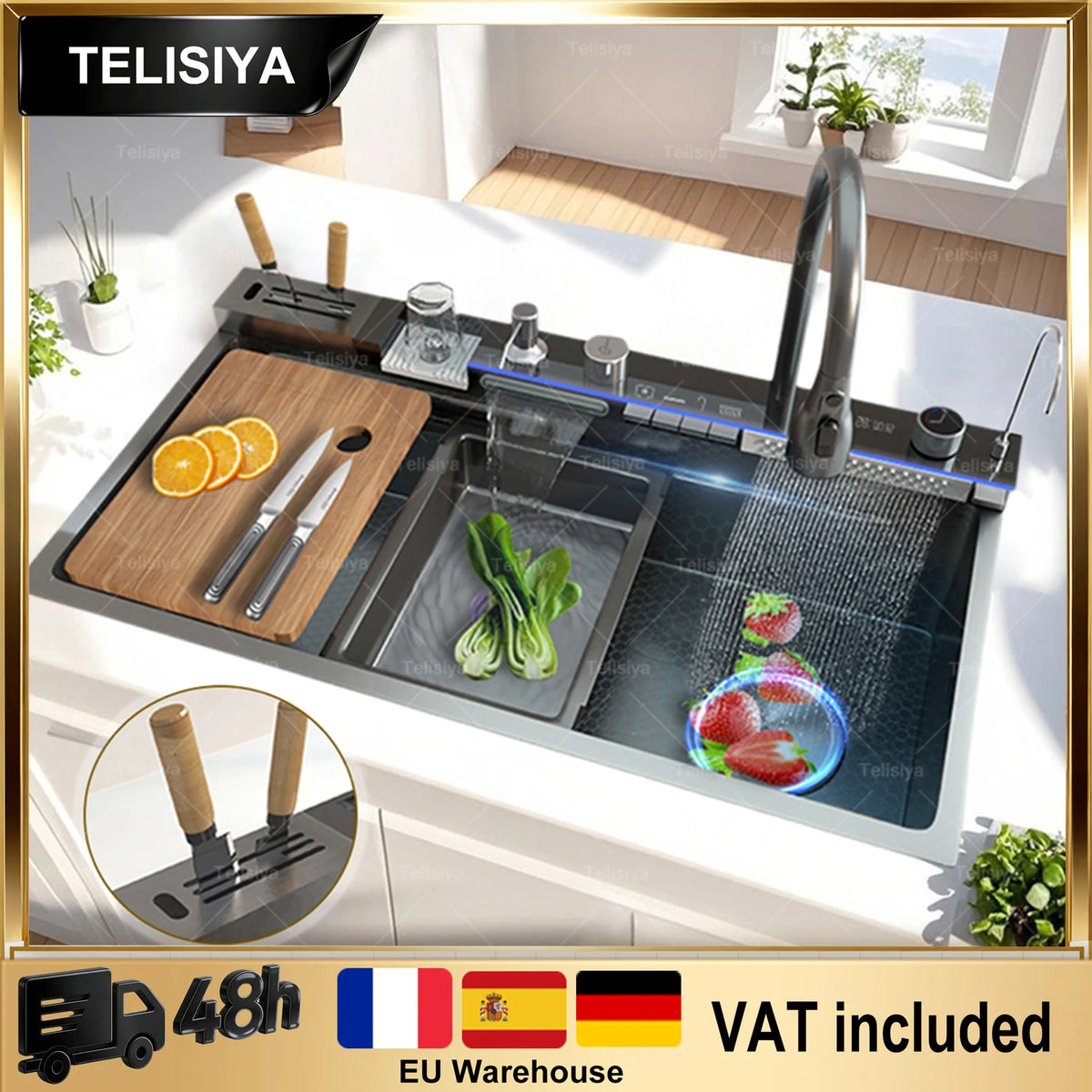 Stainless Steel Sink Digital Display Waterfall Large Slot