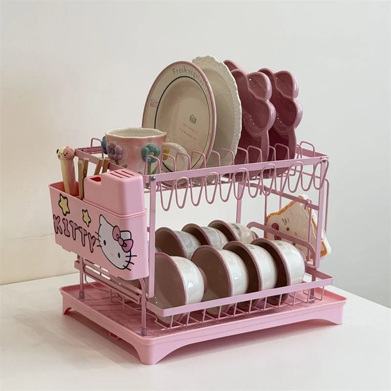 Cute Hello Kitty 2-Tier Dish Drying Rack Drain