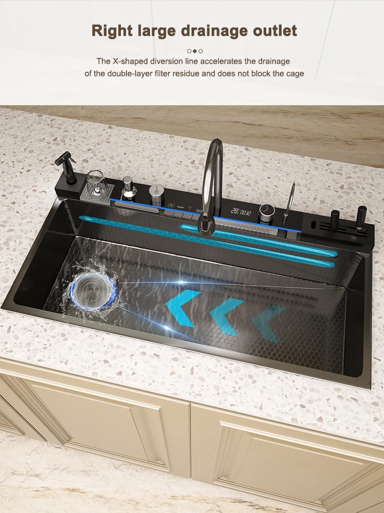 Stainless Steel Waterfall Sink Digital Display Large Slot