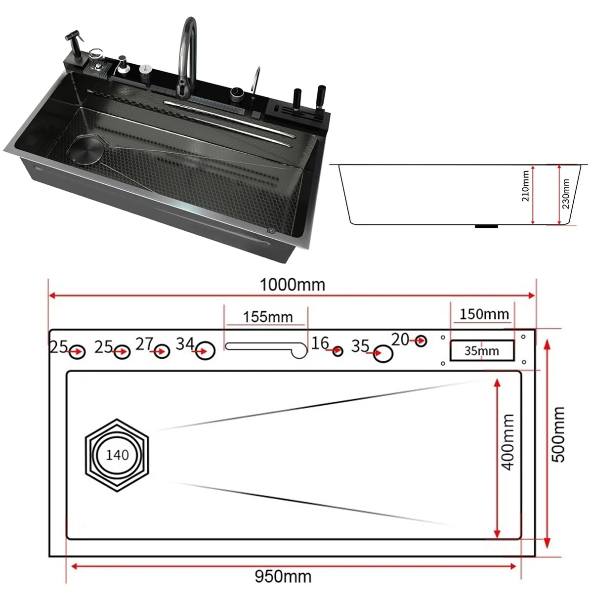 Stainless Steel Sink Digital Display Waterfall Large Slot