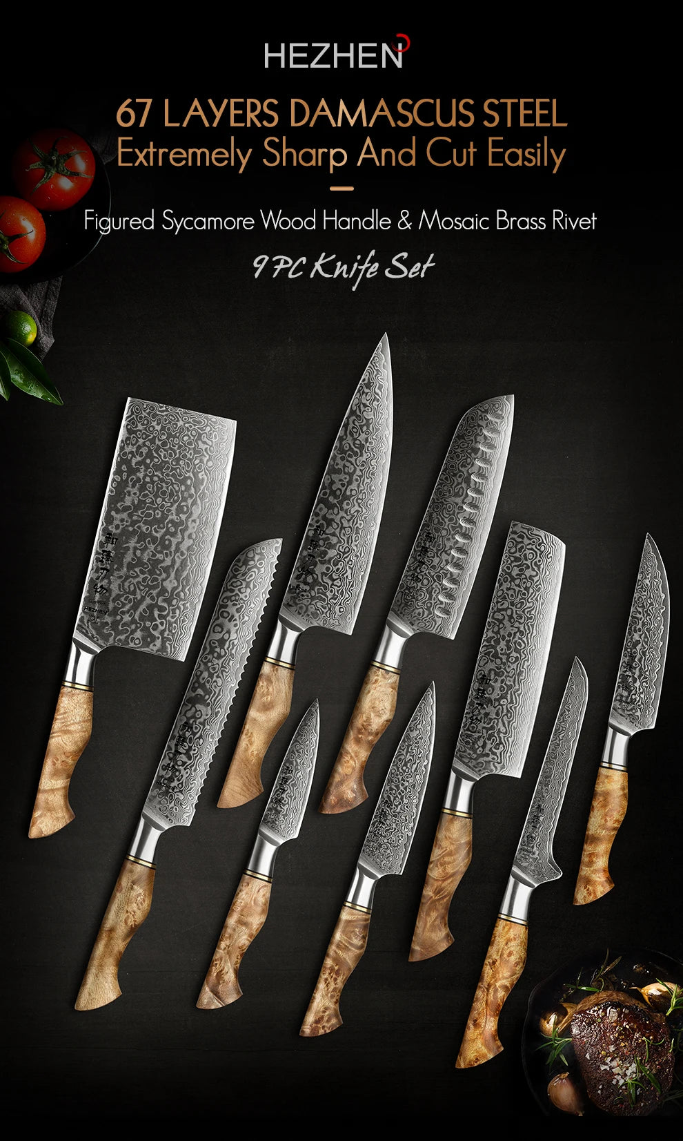 Hezhen Knife 1-7pc Damascus Steel Knives Chef Knife