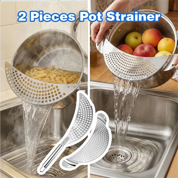 Stainless Steel Pot Strainer Colander Handle Held Crescent