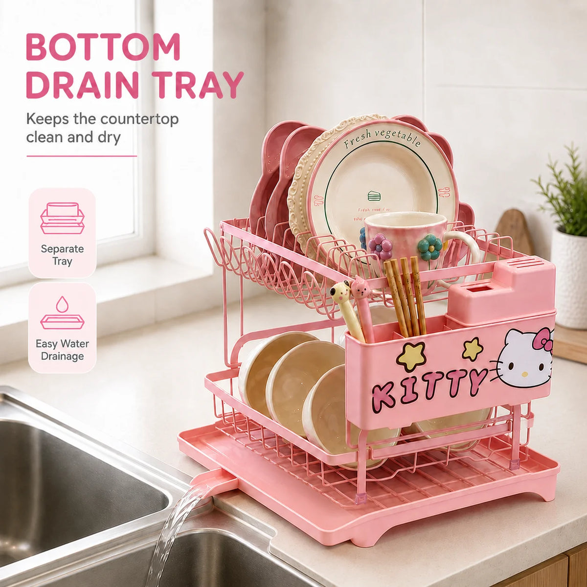 Cute Hello Kitty 2-Tier Dish Drying Rack Drain