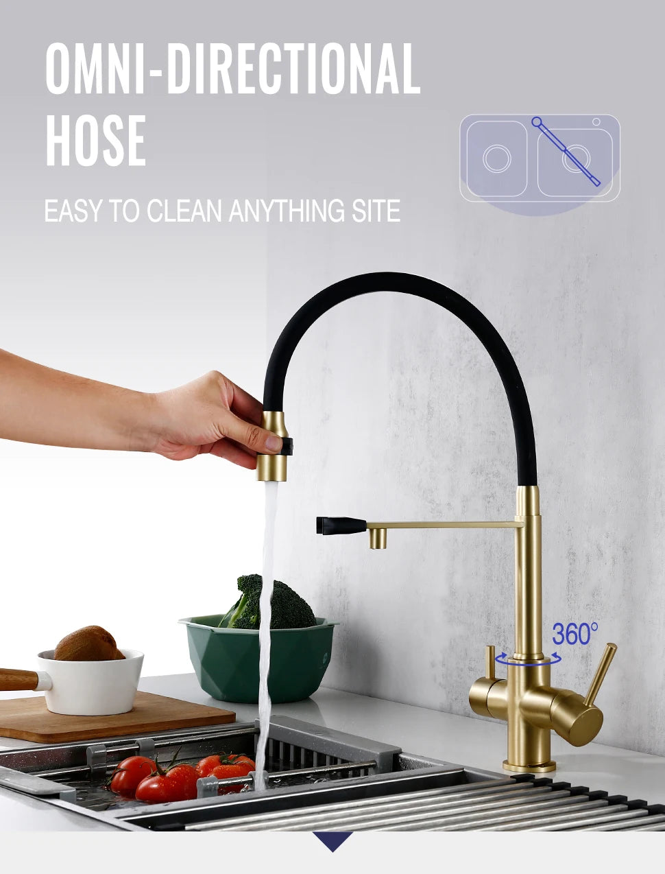Brushed Gold Faucet Filter 360 Swivel Pure Water