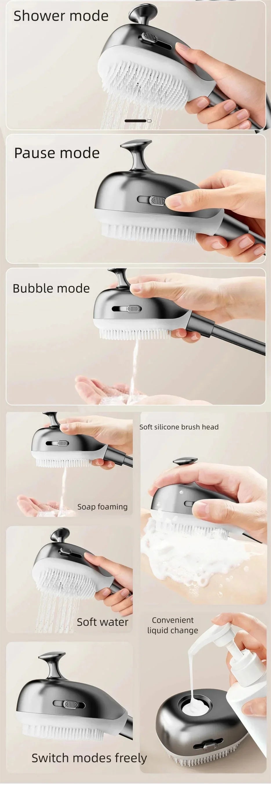 Bathroom Aluminum Gunmetal Gray Shower Silicone Brush Head