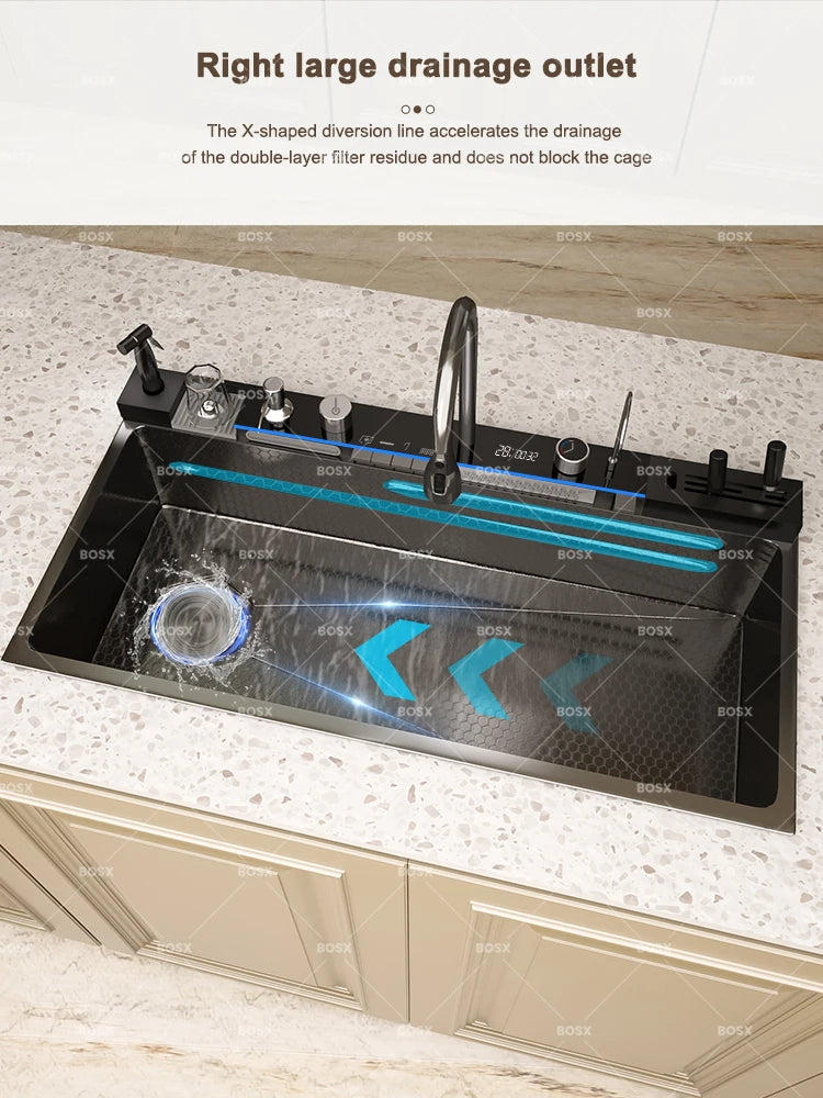Waterfall Stainless Steel Sink Digital Display Faucet Wash