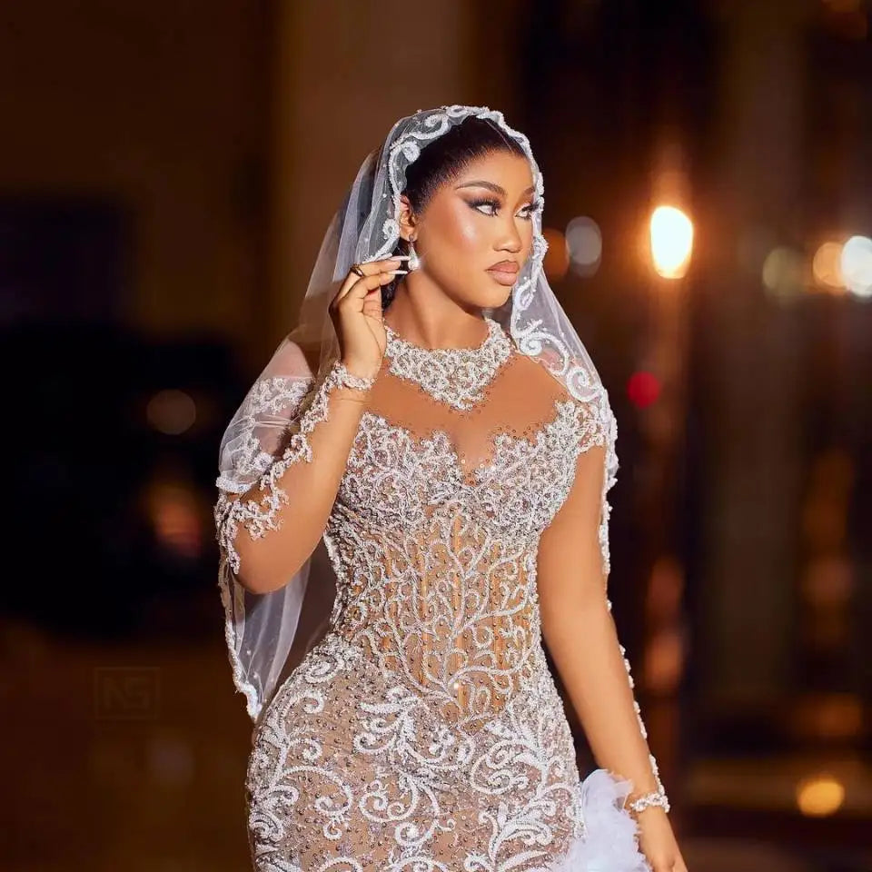Exquisite Lace Mermaid Wedding Dresses Shine Crystal Lllusion