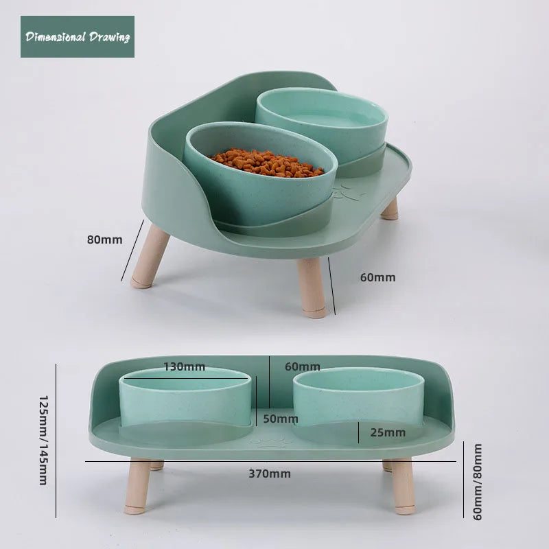 Cat Double Bowl Safety Wood Stand Silicone Mat