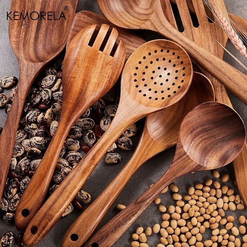 9pcs Acacia Wood Utensils - Natural Wood Cooking
