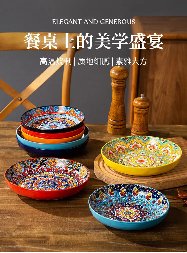 Bohemian Deep Ceramic Plate Dinnerware High-Quality Appearance