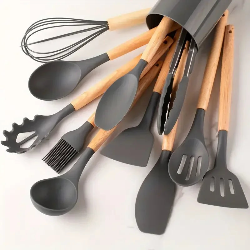 12pcs Of Multi-Color Silicone Wooden Handle Kitchenware Non