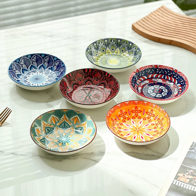 6-Piece Bohemian Hand-Painted Underglaze Ceramic Plates -