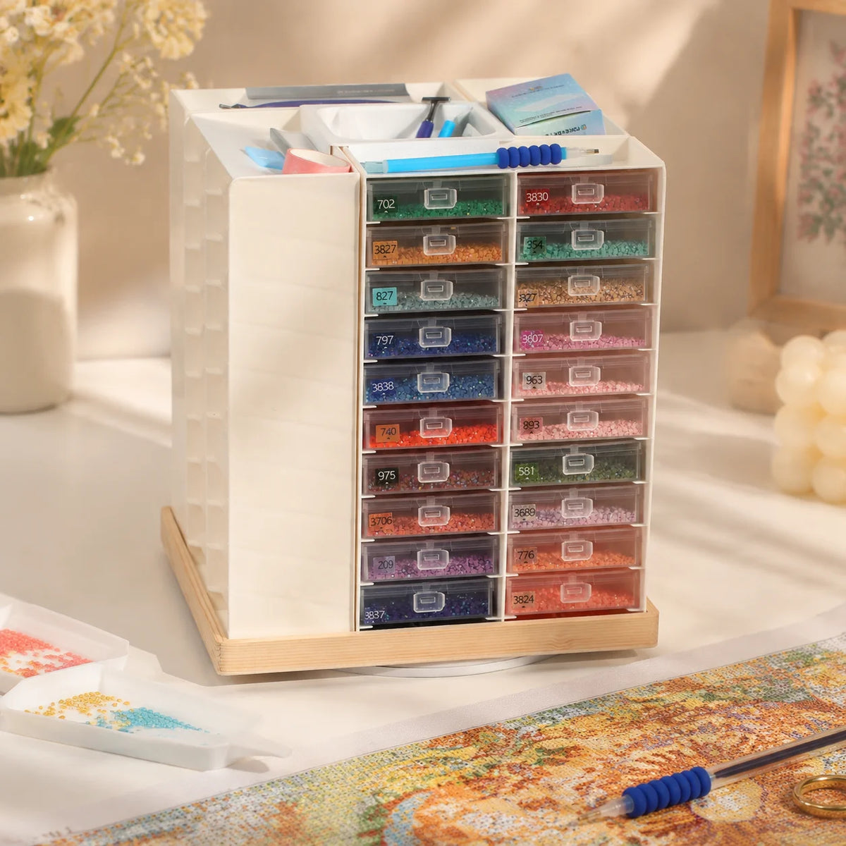 Foreveryoung Rotatable Diamond Storage Rack 80 Trays Wood