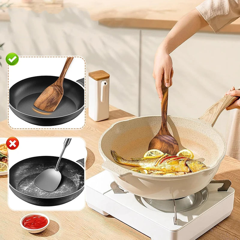 2pcs Wooden Spatula Acacia Wood Long Handle Flat