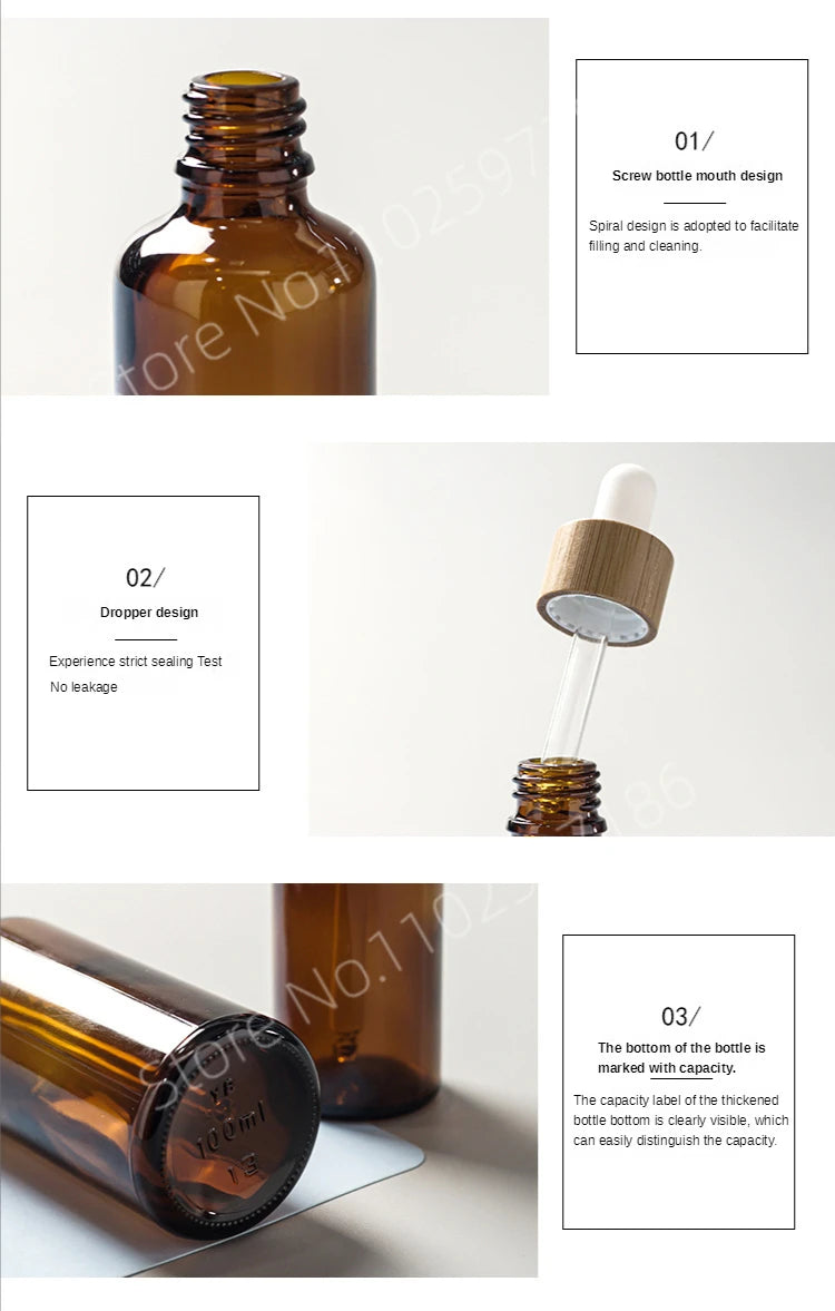 5ml-100ml Dropper Bottle Bamboo Wood Lid Brown Glass