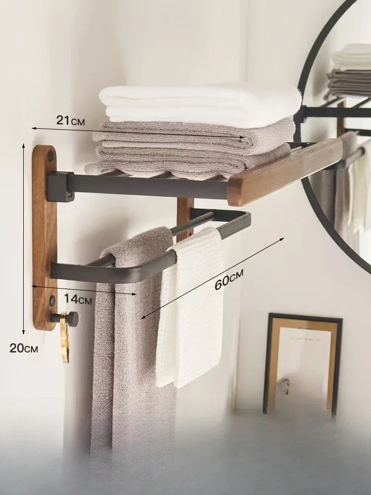 Walnut Wood Black Bathroom Hardware Bathroom Towel Rack