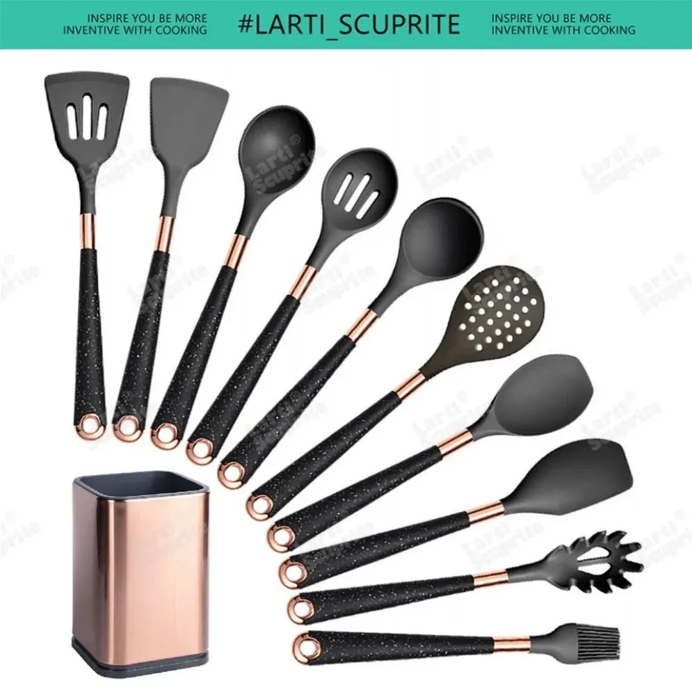 Gold Plated Handle Silicone Cooking Utensils Non-Stick Bpa