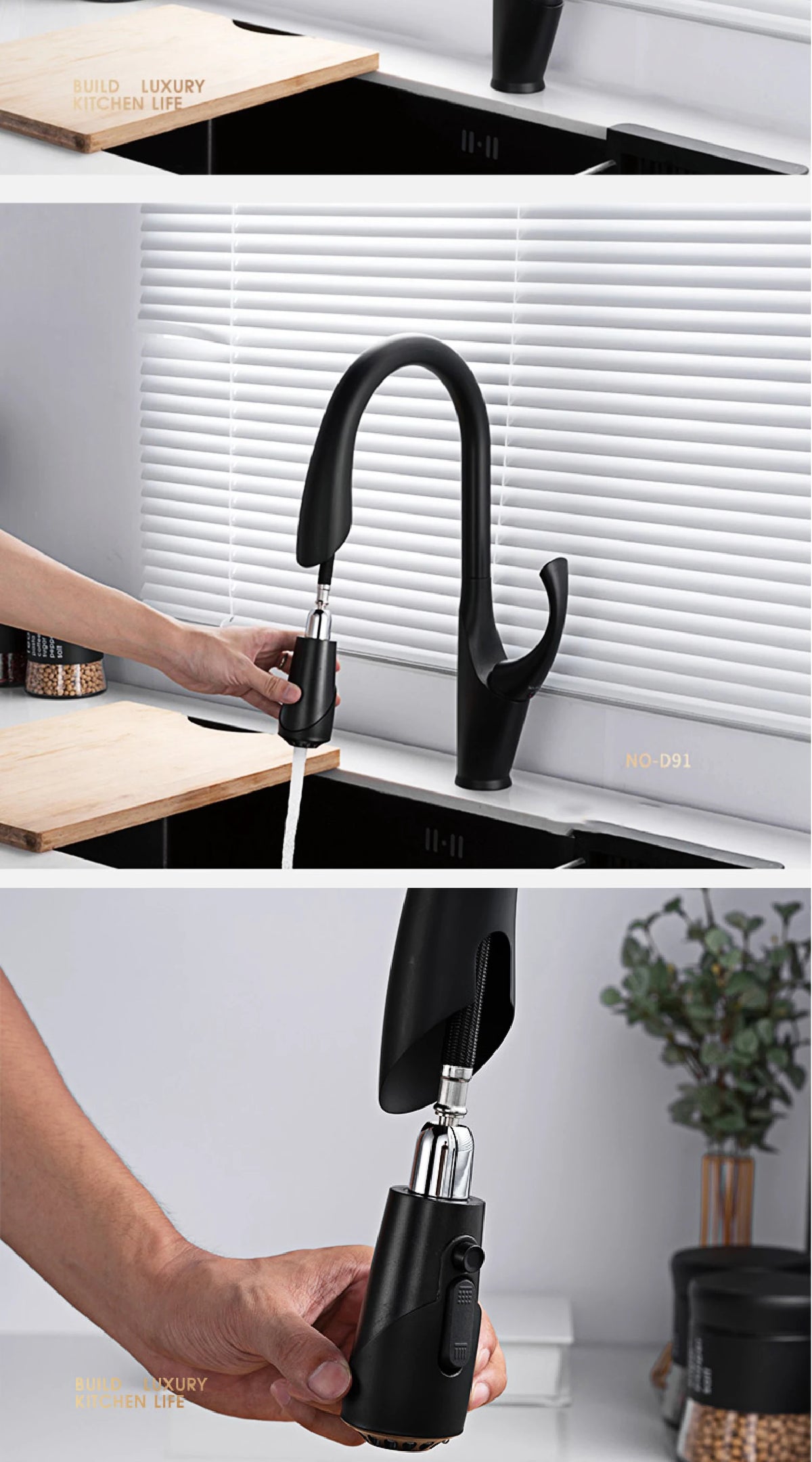 High End Touch Black Faucet Brass Pull Out