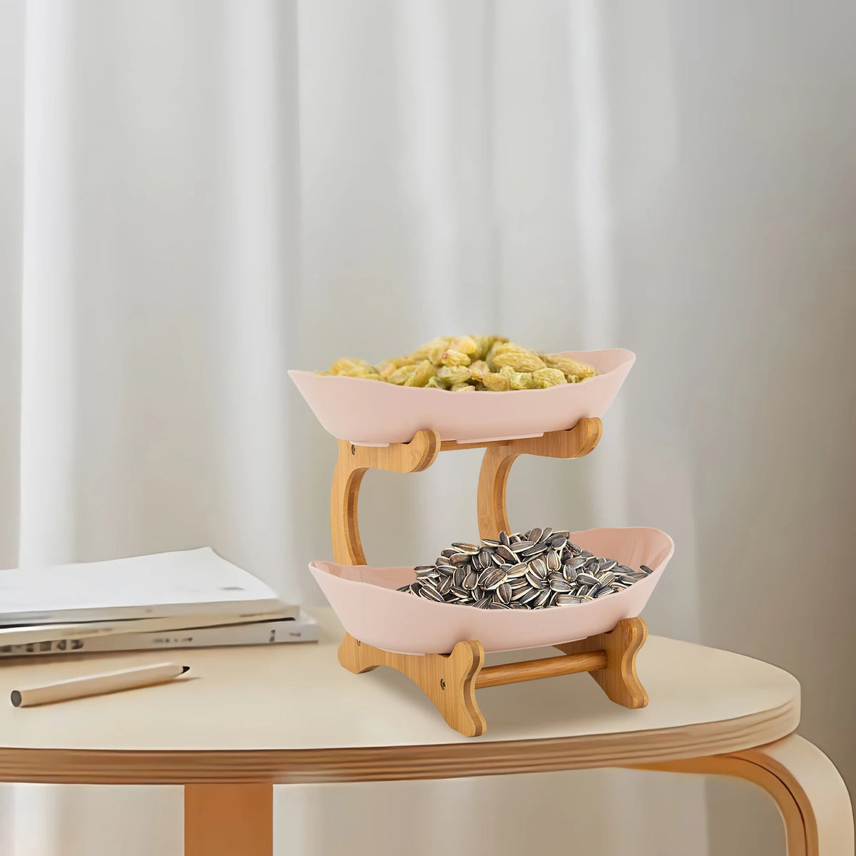 2-Tier Fruit Bowl Bamboo Fruit Basket Stand Food-Grade