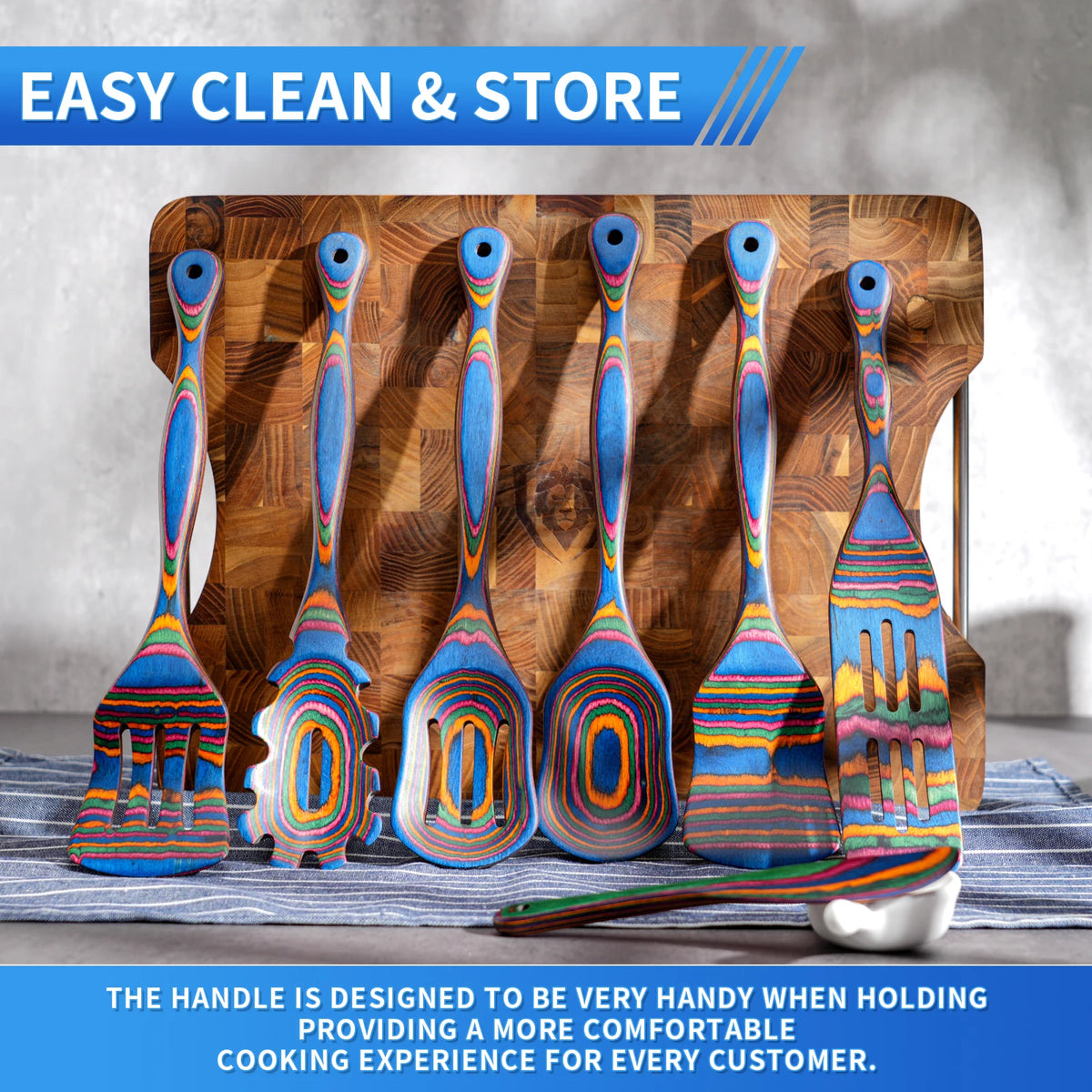 7pcs Blue Pakkawood Wooden Cooking Utensils Wooden Spoons