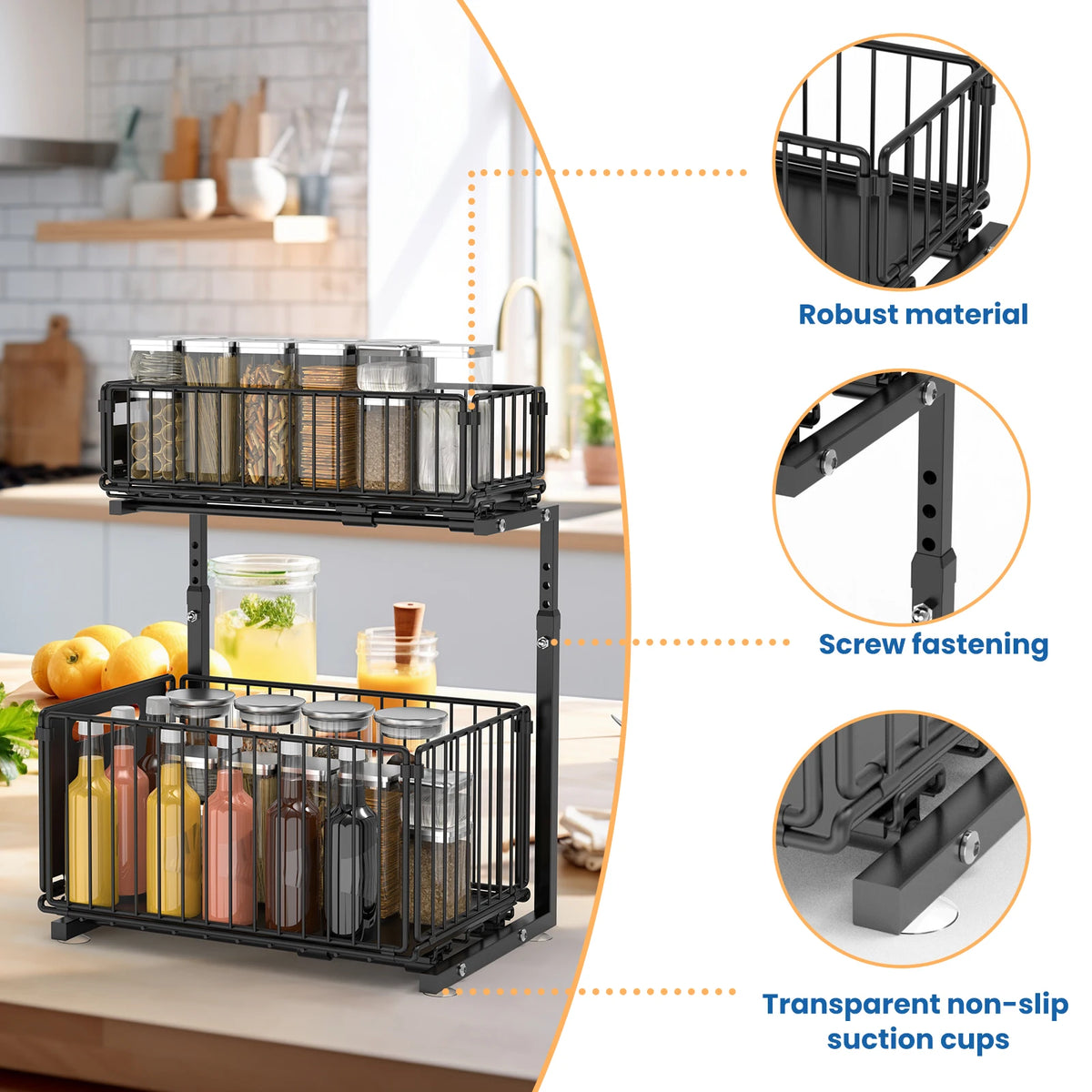 2-Tier Pull Out Cabinet Organizer Adjustable Height Sliding