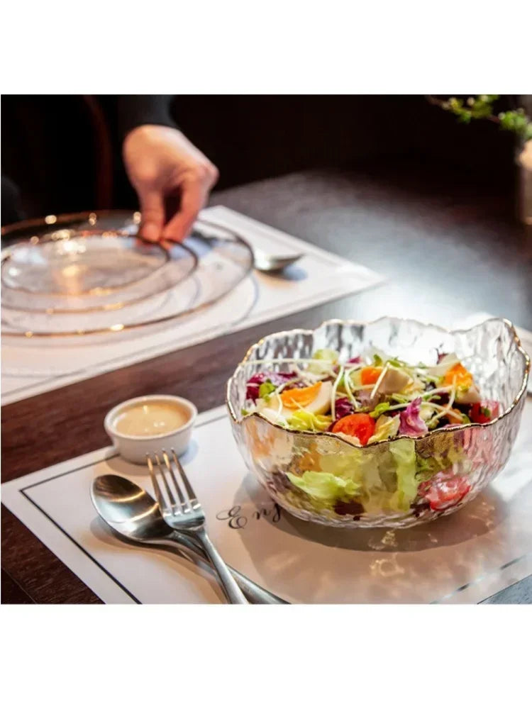 380/750/1450ml Salad Glass Bowl Gold Edge Fruit Candy