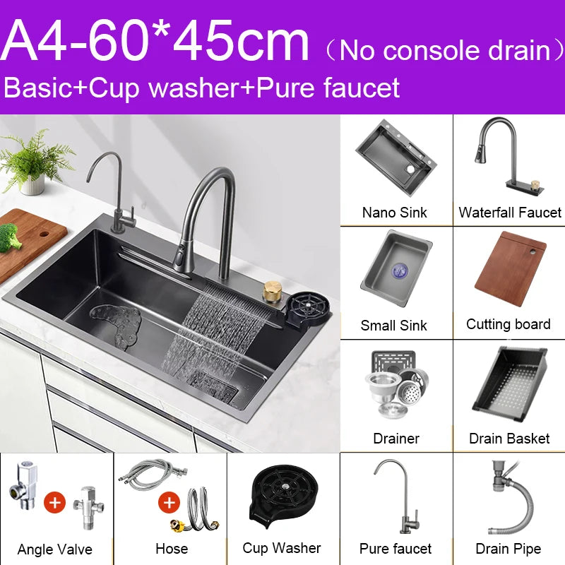 Black Nano Sink Waterfall Faucet Large Bowl Cup