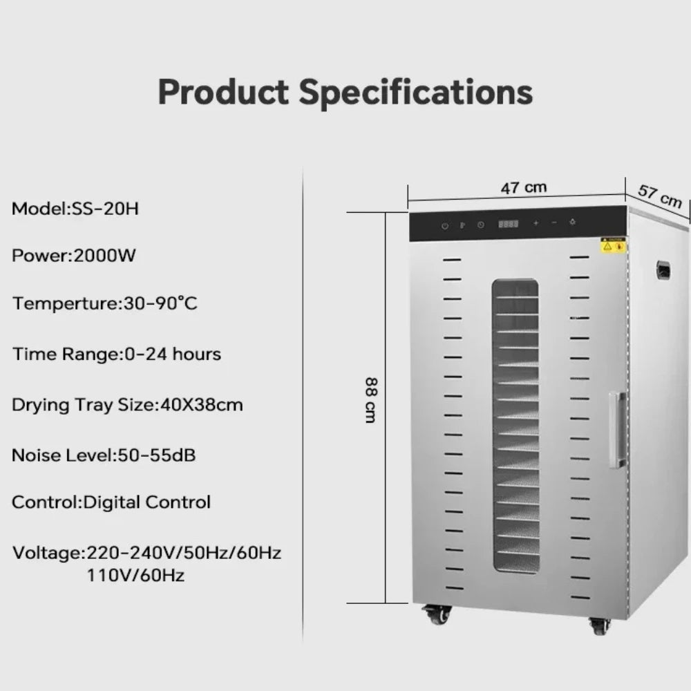 2000w Commercial Food Dehydrator 20 Trays Stainless Steel