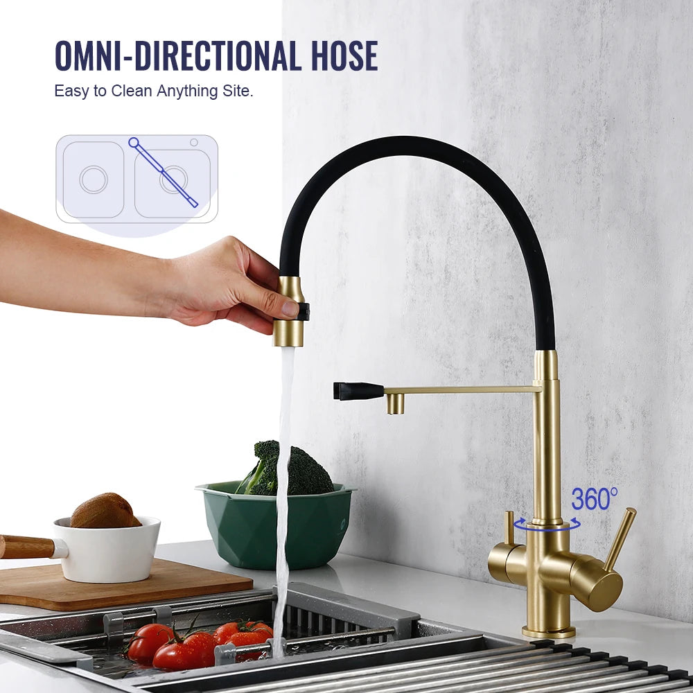 Brushed Gold Faucet Filter 360 Swivel Pure Water