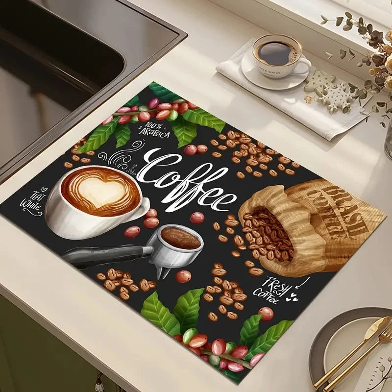 Creative Coffee Print Drying Mat Soft Rubber Non-Slip