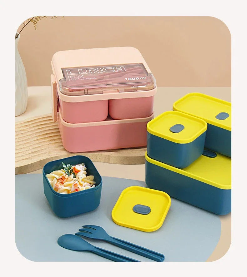 Justinlau 1100/1800ml Layer Compartment Lunch Box Kids Fork