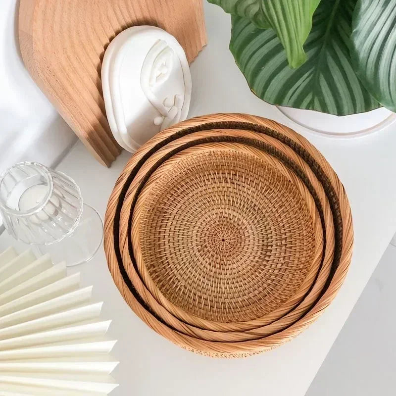 Round Rattan Fruit Basket Wicker Woven Snack Tray