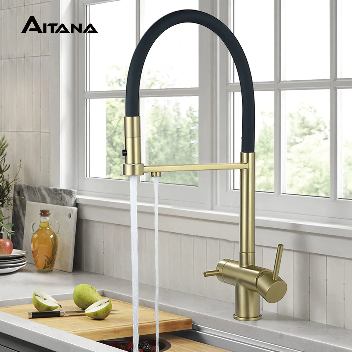 Modern Brushed Gold Brass Faucet Water Filtration Design