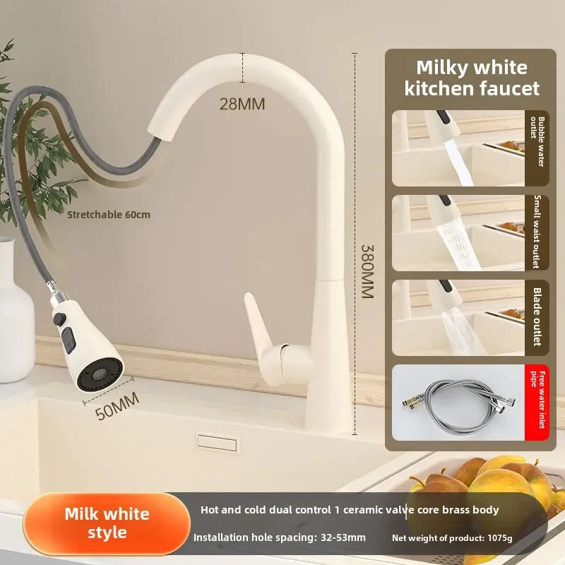 Cream Wooden Handle All Copper Faucet - Pull-Out