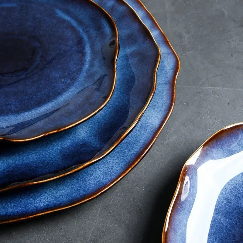 Ceramic Plates Deep Blue Irregular Flat Plate Pottery