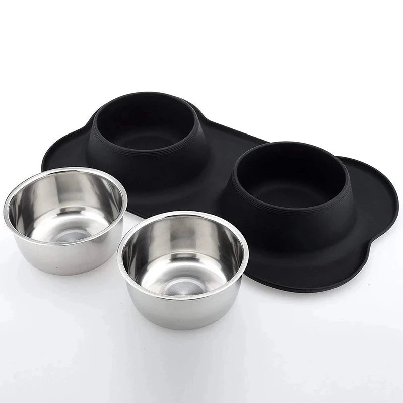 Antislip Double Dog Bowl Silicone Mat Durable Stainless