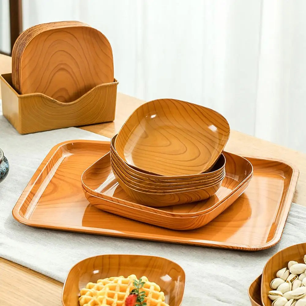 10pcs Japanese-Style Plastic Dish Simple Imitation Wood Grain